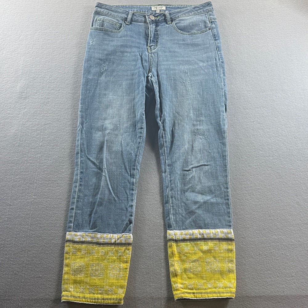 Tru Luxe Jeans Crop Boyfriend Womens 8 Blue Yellow Embroidered Cuff Distressed